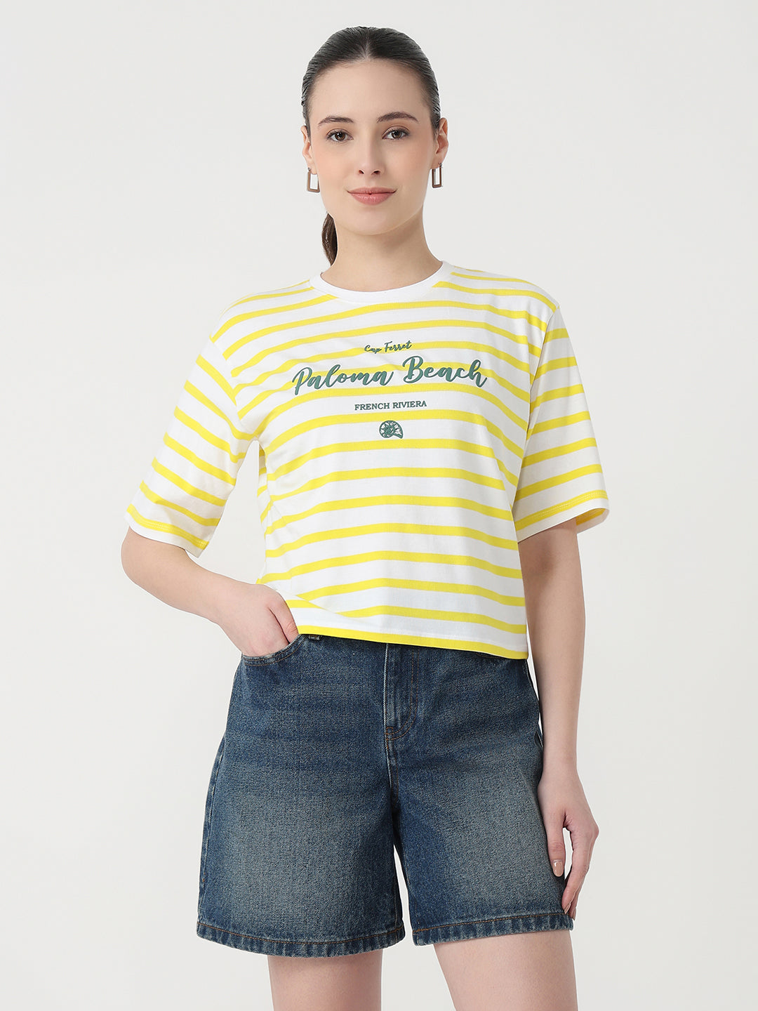 Women Yellow/White Slim Fit Graphic Crop T-Shirt