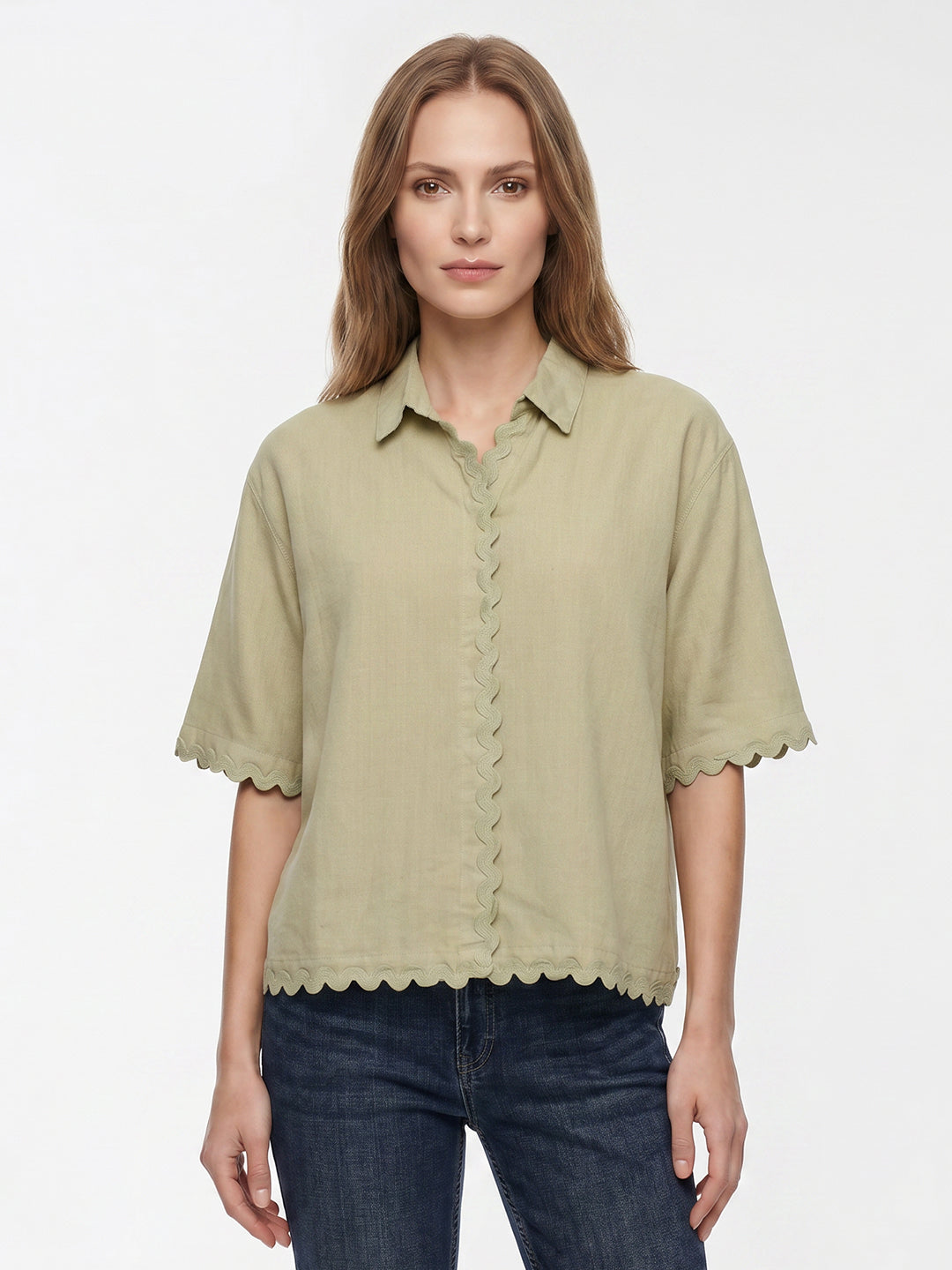 Women Light Olive Crop Shirt