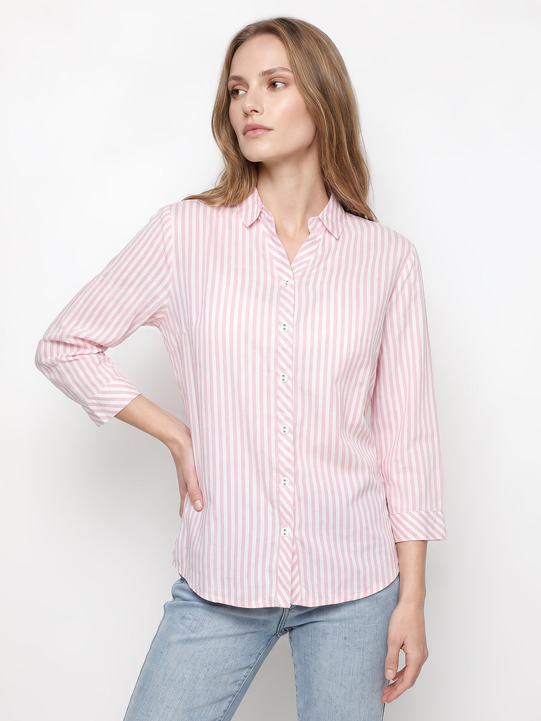 Women Pink/White Stripe Shirt