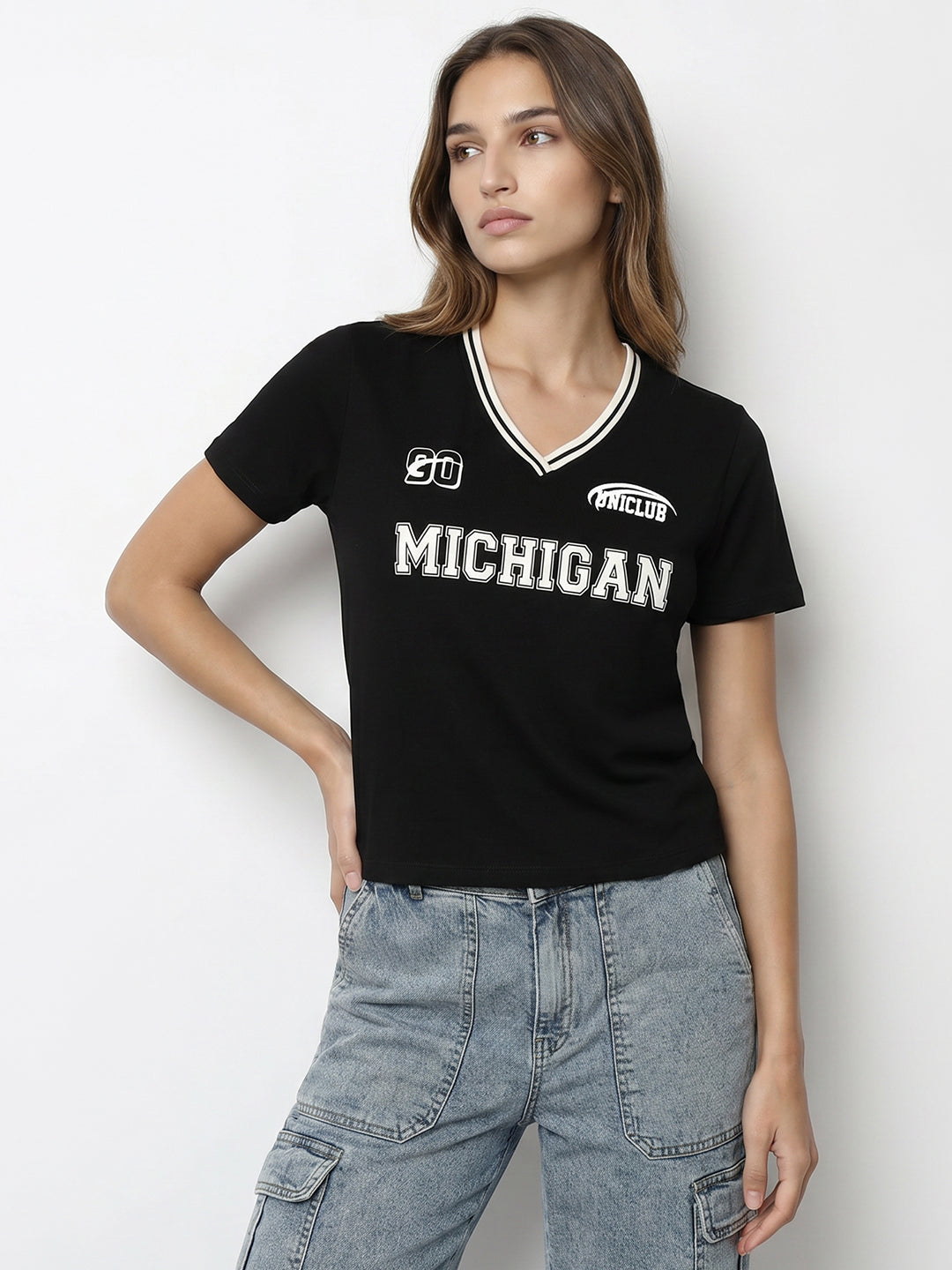 Women Black Graphic Crop Tees