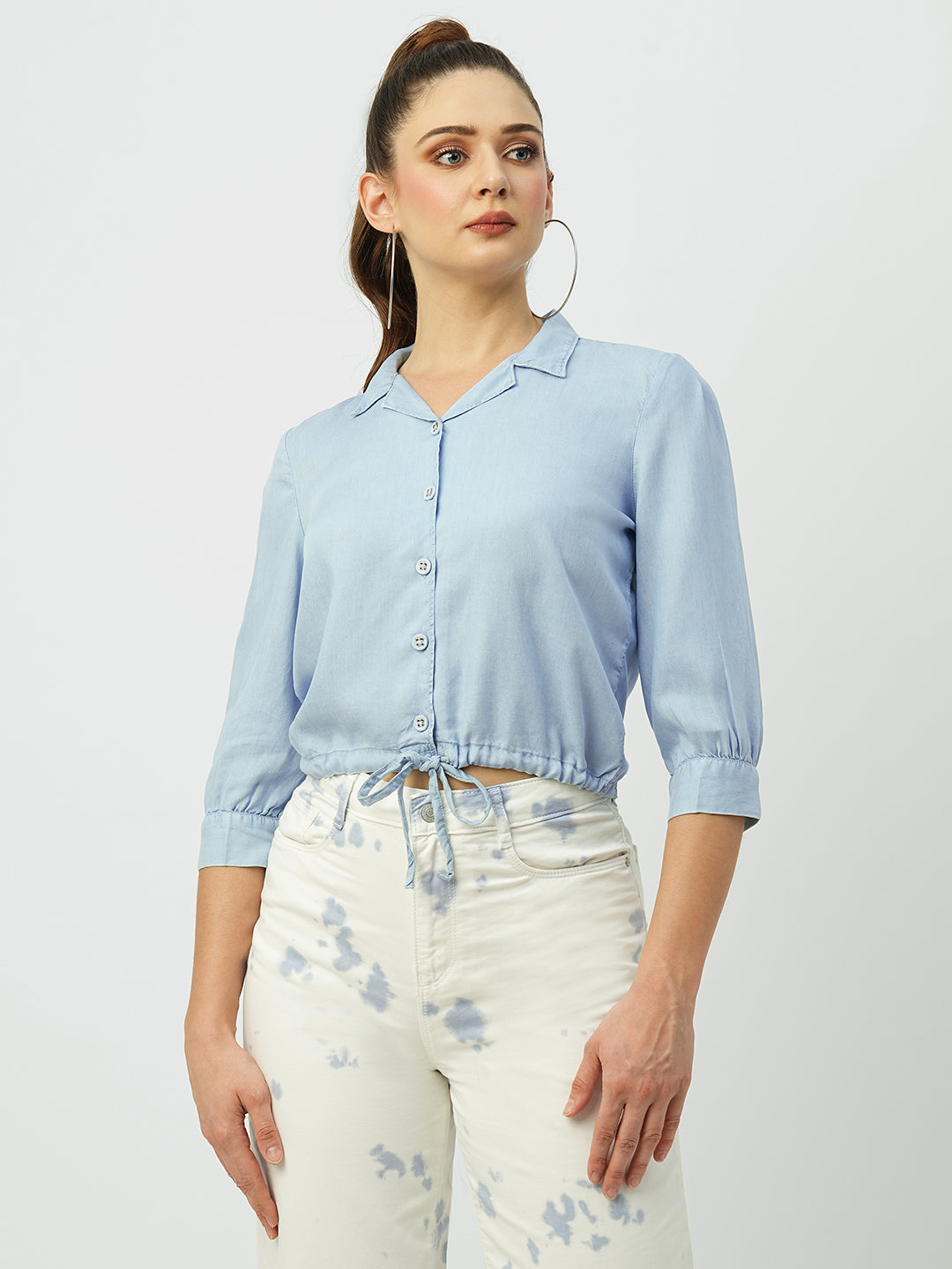 Women Light Blue Crop Shirt