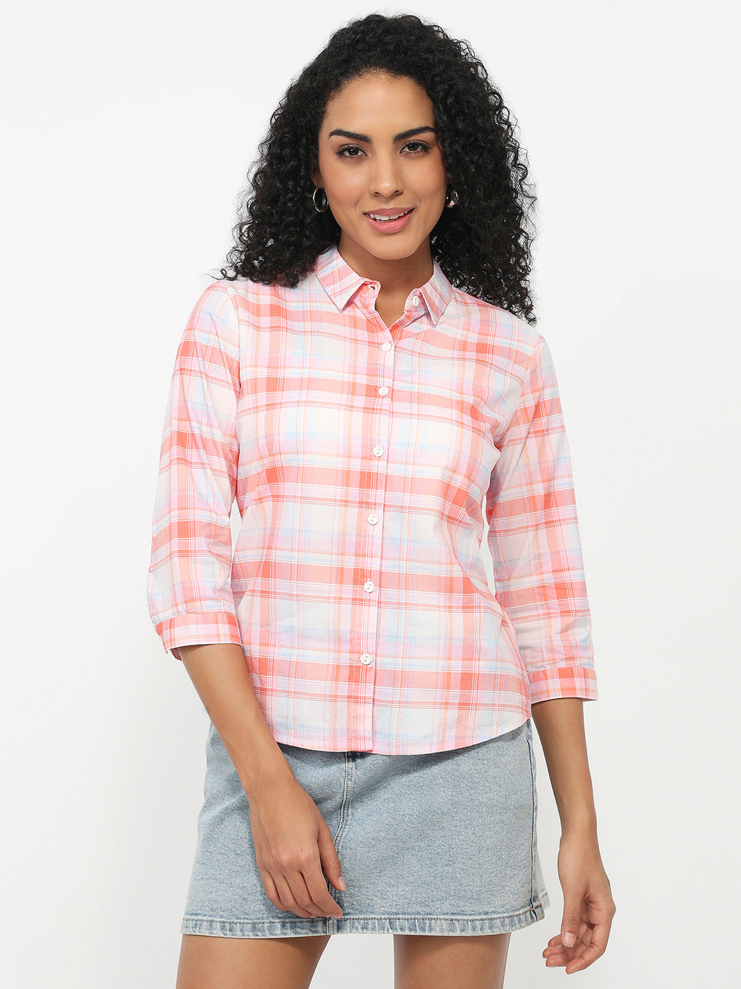 Women Peach/White Checked Shirt