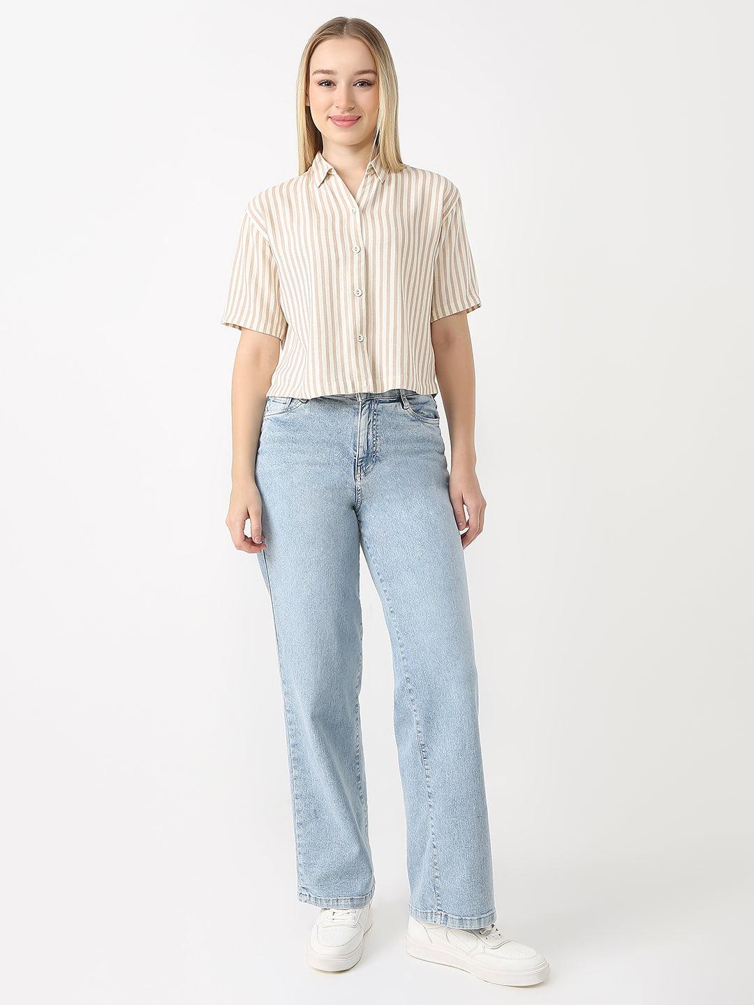 Women Beige/Ivory Crop Stripe Shirt
