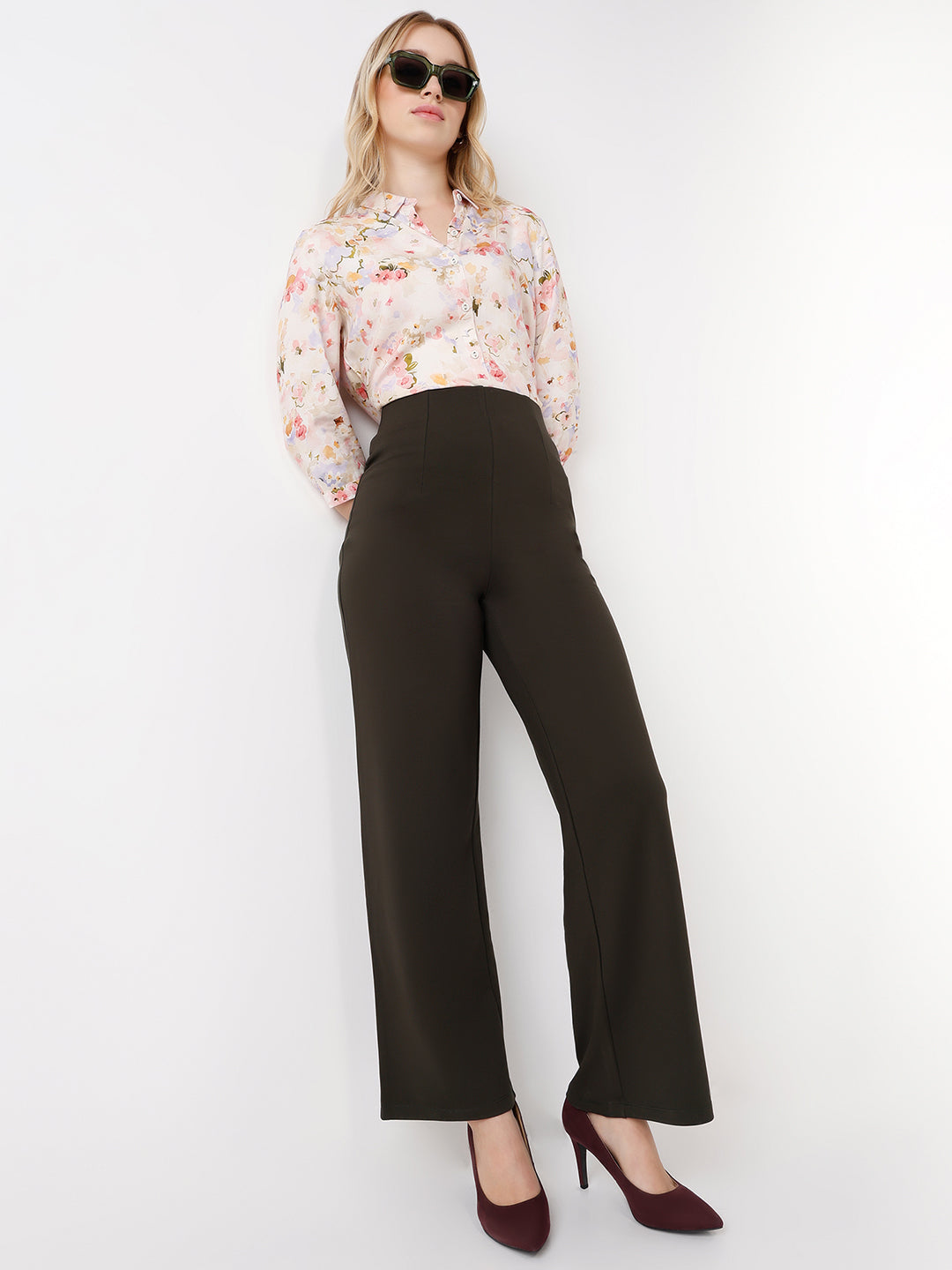Women Olive Wide Leg Treggings