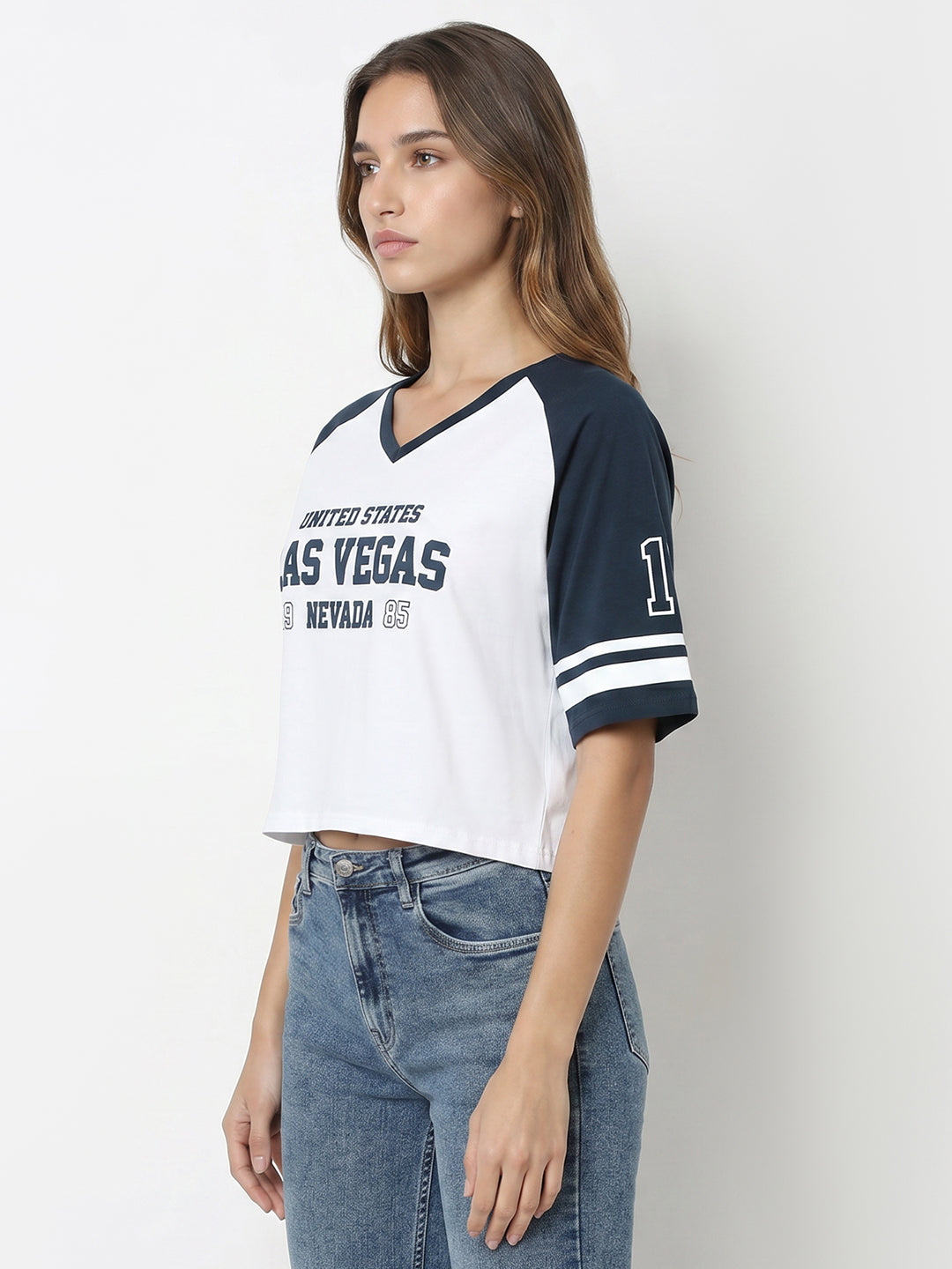 Women White/Airforce Graphic Crop Tees