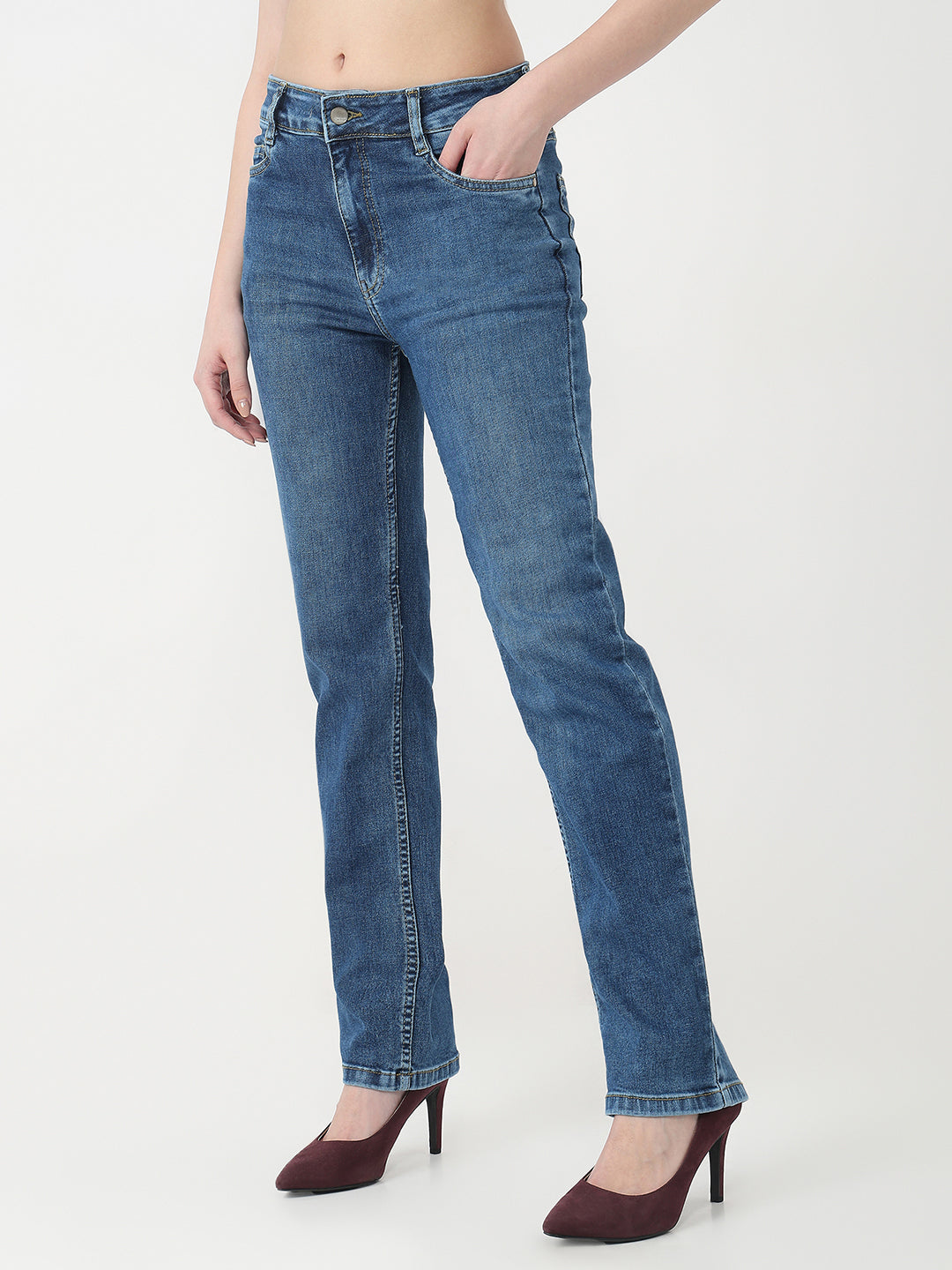 Women Blue High-Rise Slim Straight Jeans