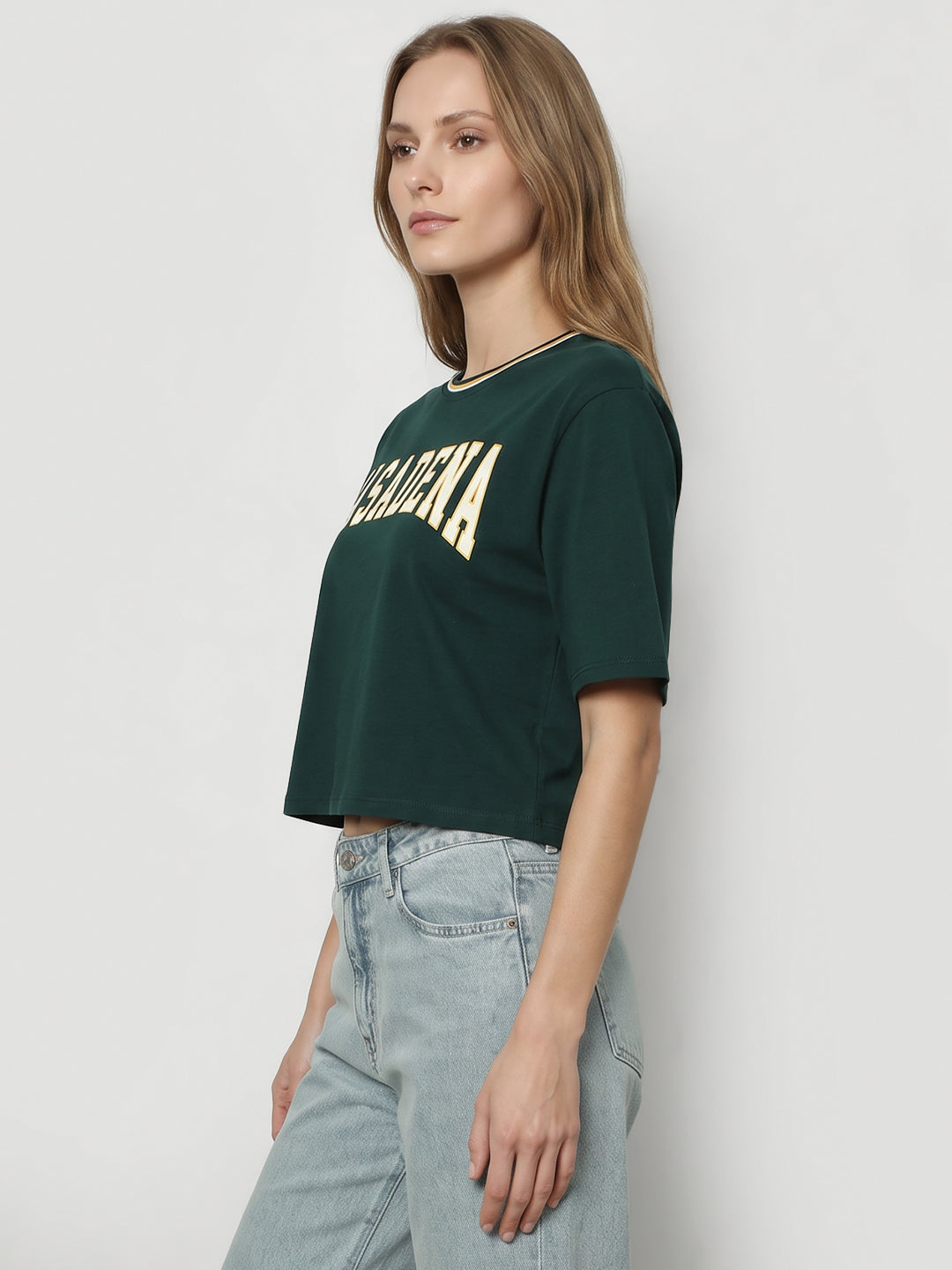 Women Bottle Green Graphic Crop Tees