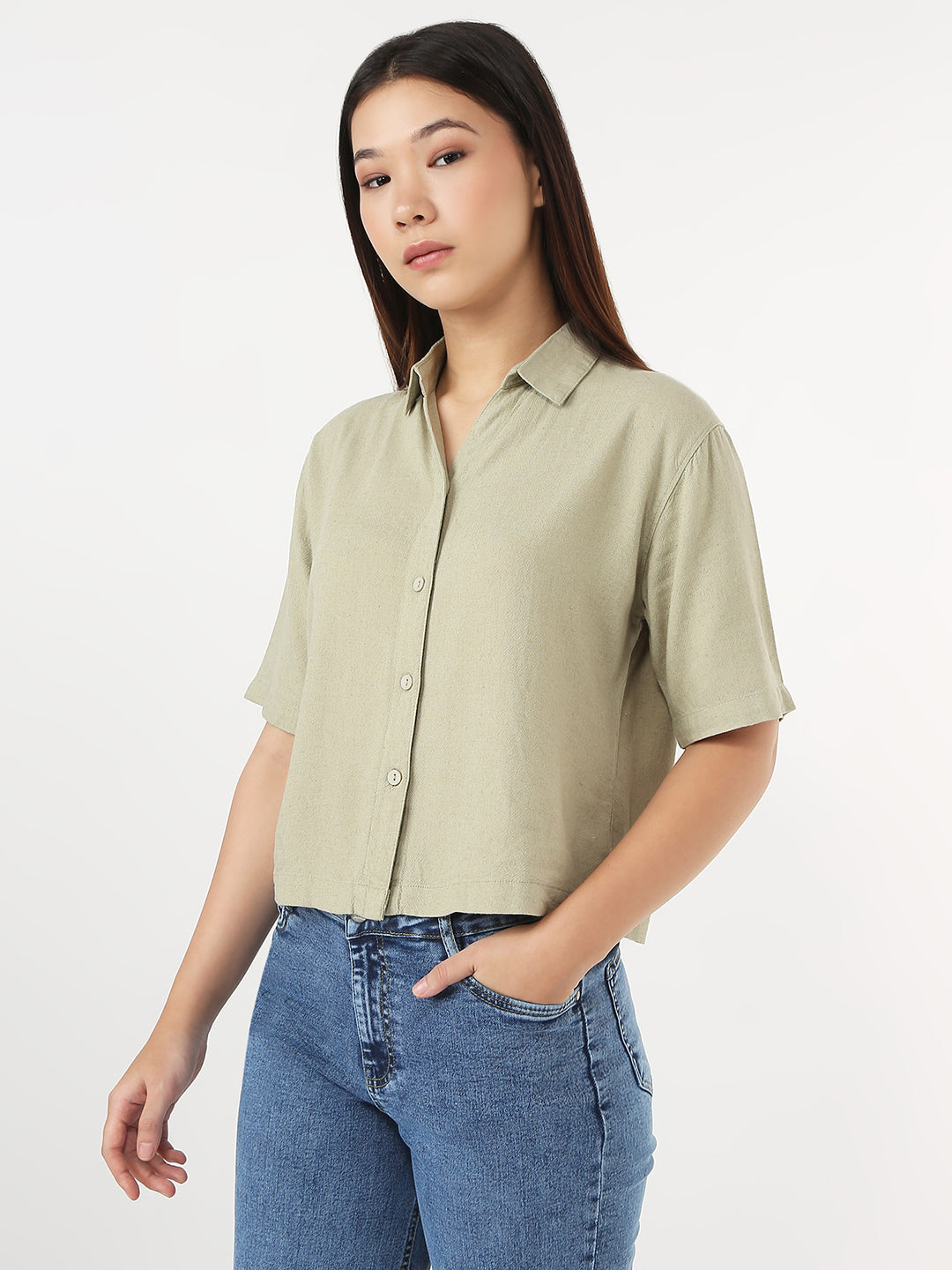 Women Light Olive Crop Shirt