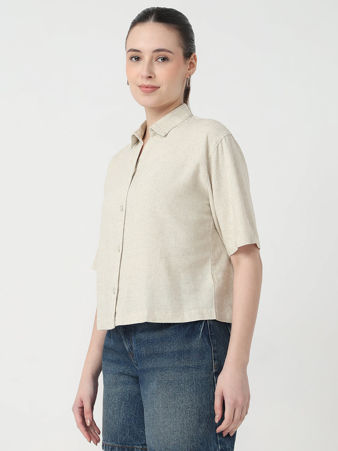 Women Light Natural Slim Fit Crop Shirt