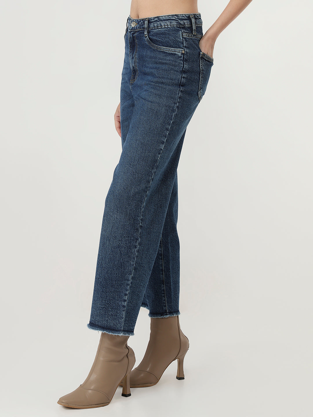 Women Blue High-Rise Crop Wide Leg Jeans