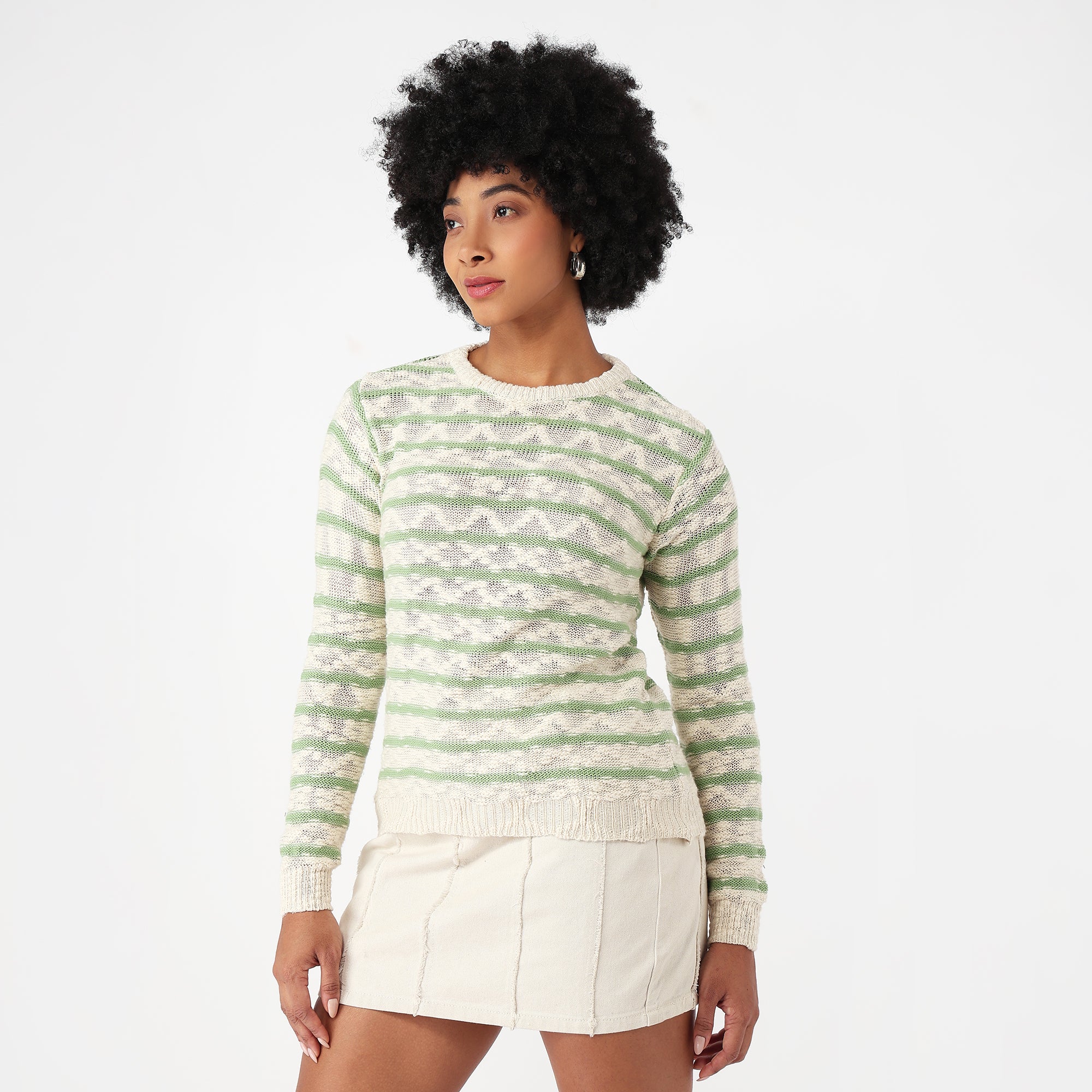 Women Off White/Green Slim Fit Sweater