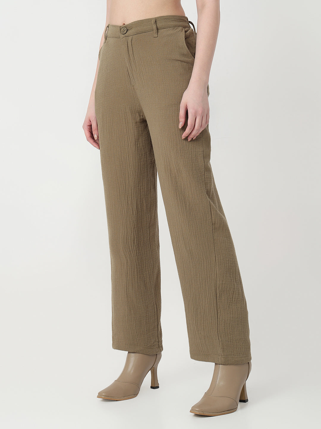Women Olive Loose Straight Korean Pants