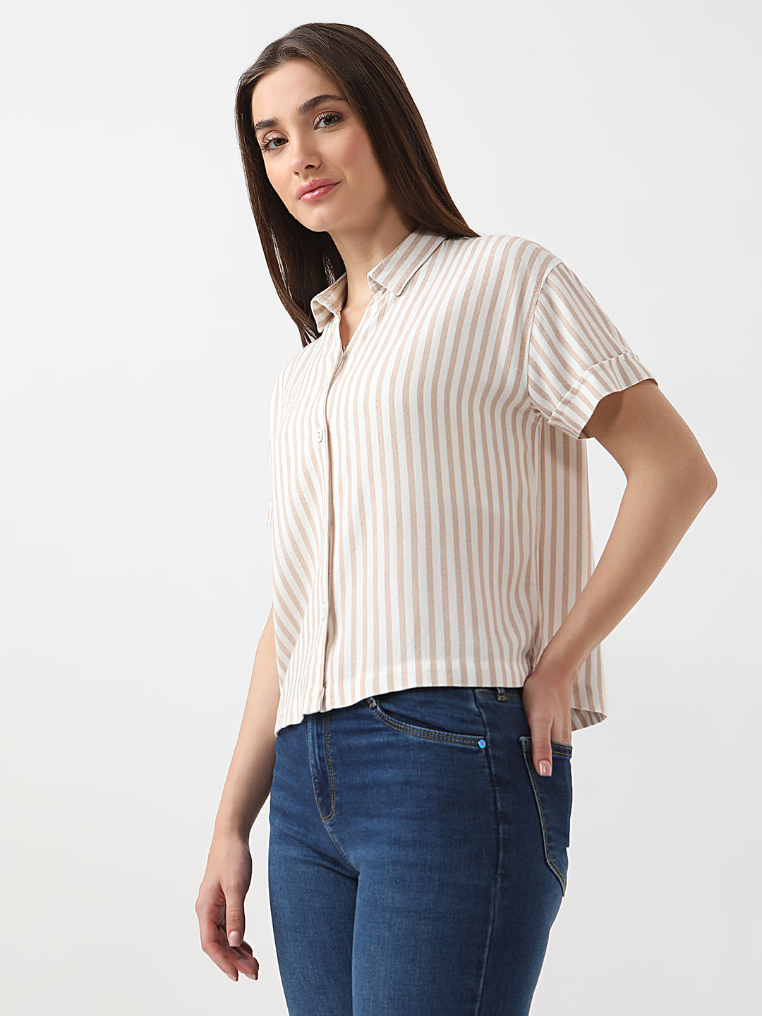 Women Beige/White Crop Stripe Shirt