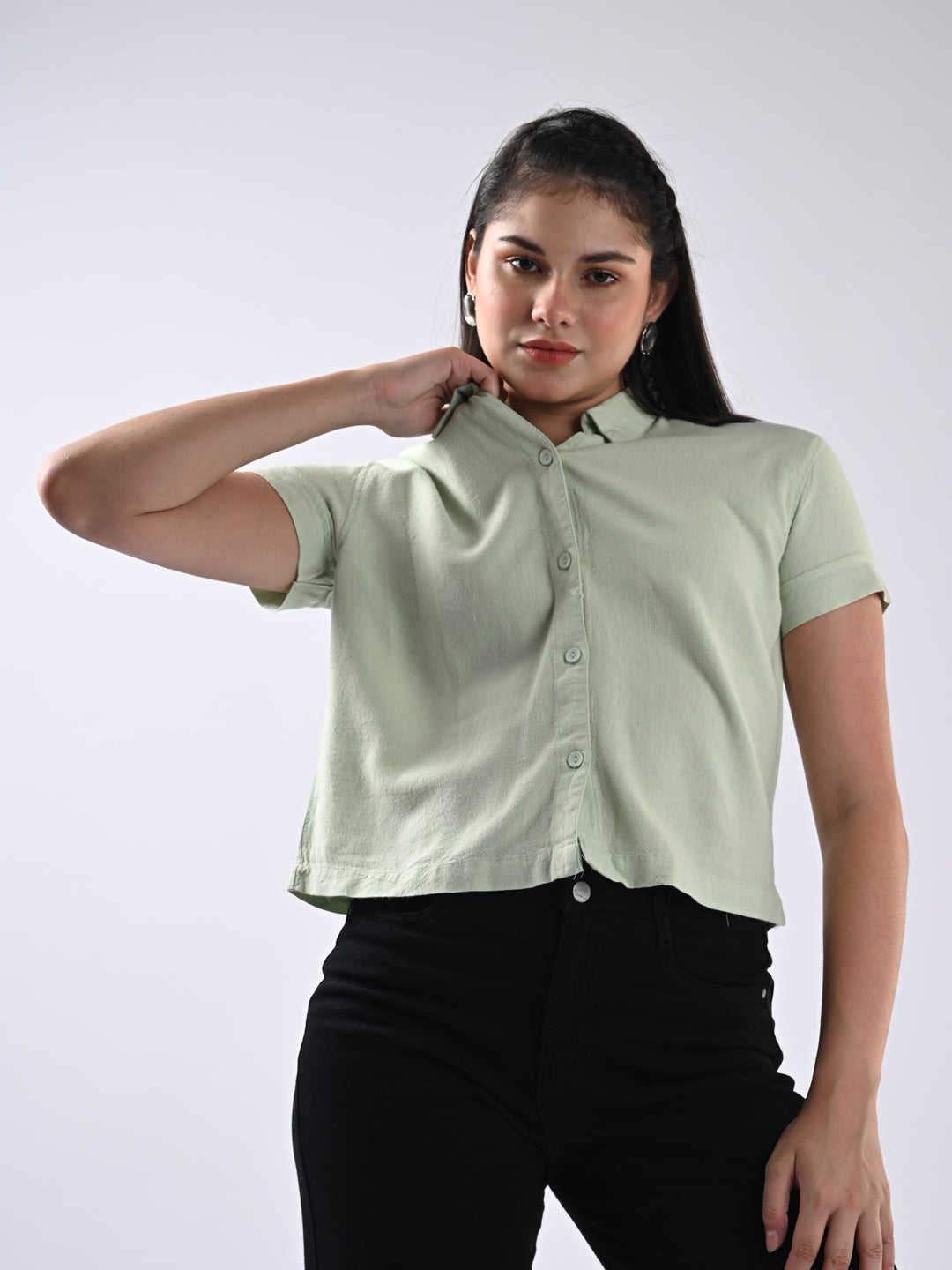 Women Solid Slim Fit Mint Shirt