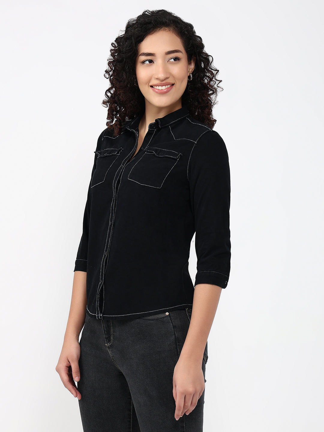 Women Black Slim Fit Denim Shirt