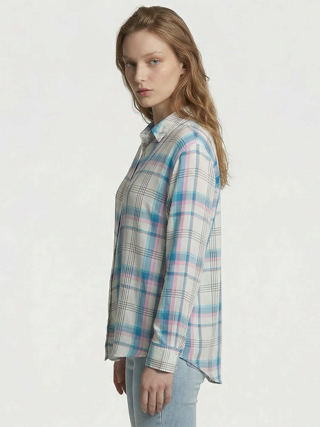 Women Sky/White Checked Oversized Shirt