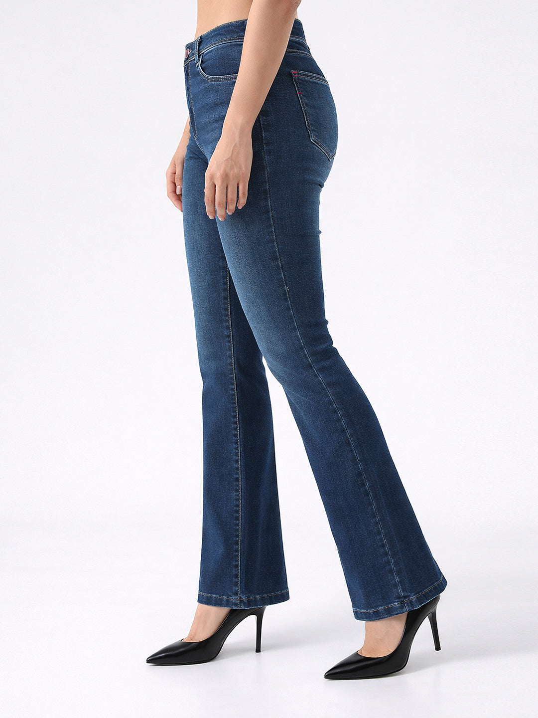 Women Dark Blue High-Rise Mini Flare Jeans