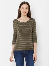 Women Olive Striped Three-Quarter Sleeves T-Shirts