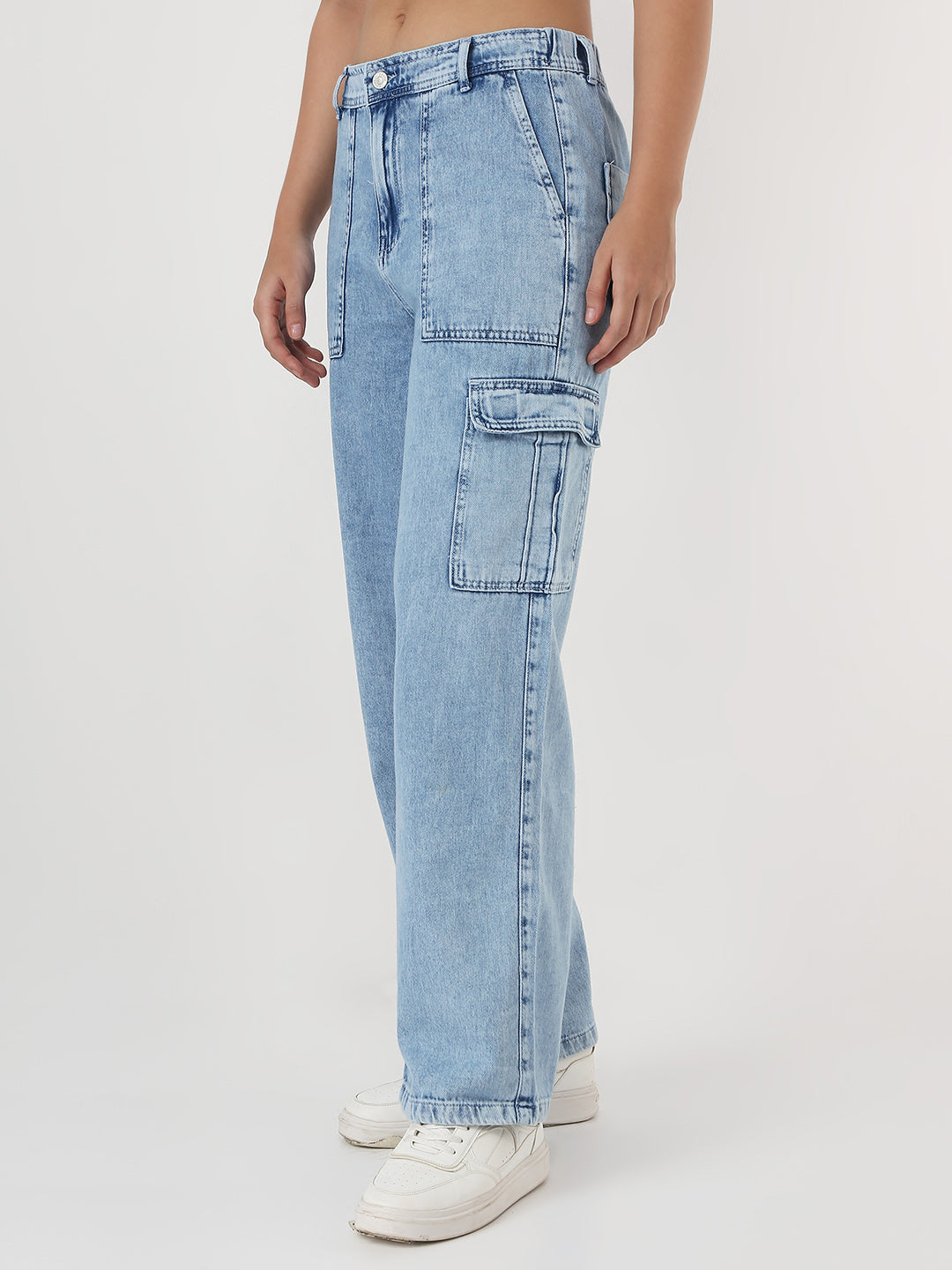 Women Light Blue Mid-Rise Cargo