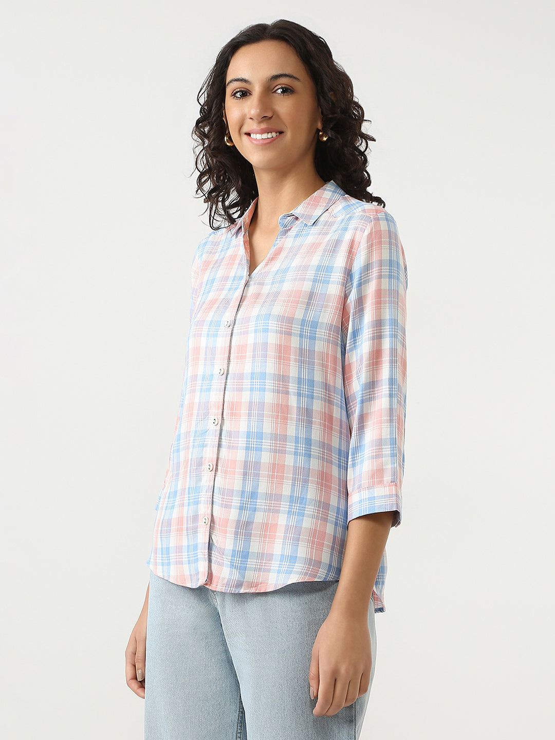 Women Peach/Blue Checks Shirt