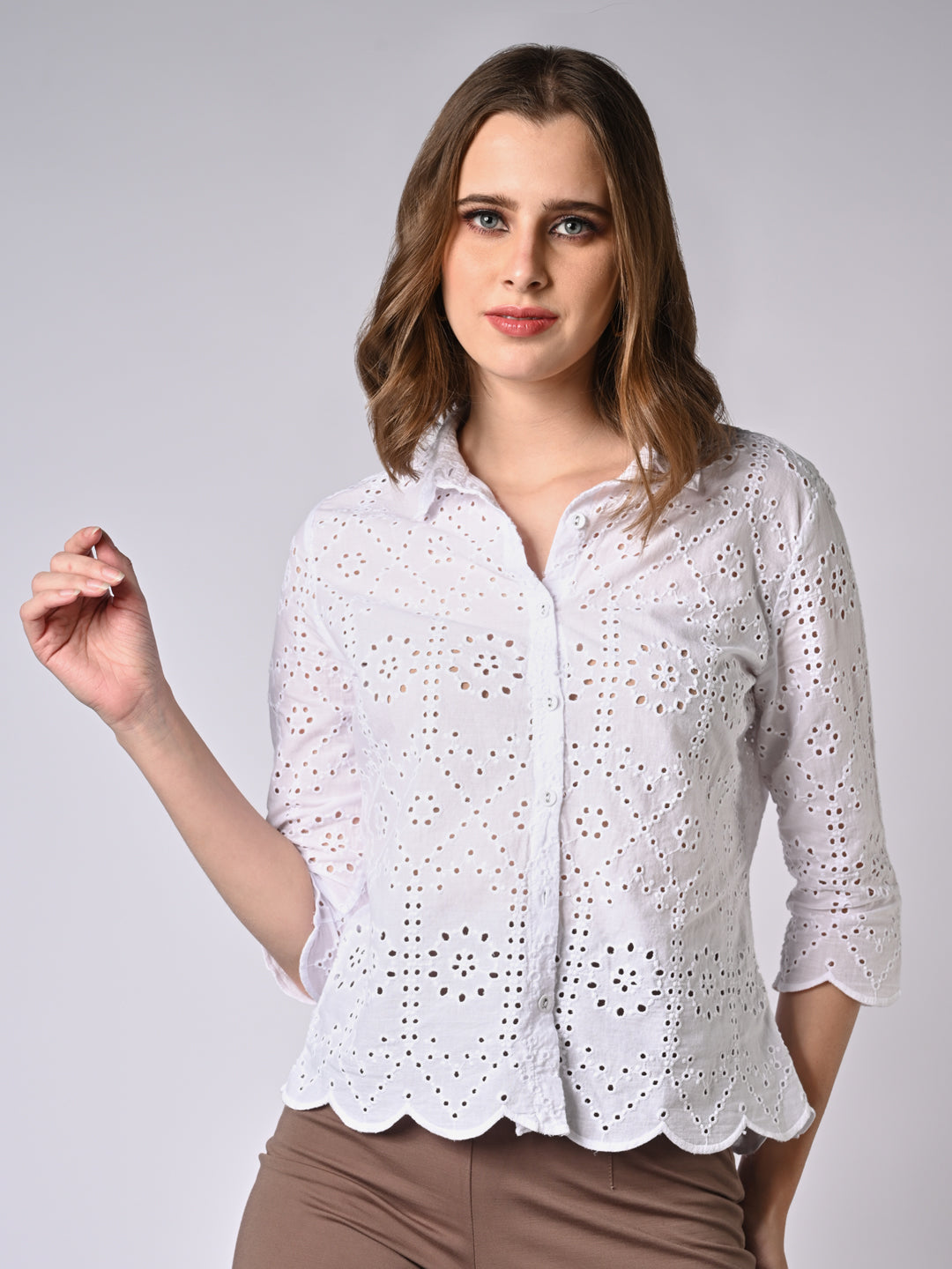 Women Self Design Slim Fit Schiffli Shirt