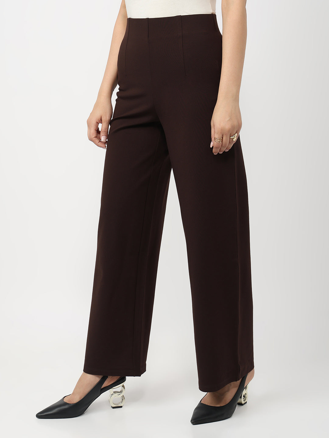 Women Sepia Mid-Rise Wide Leg Treggings