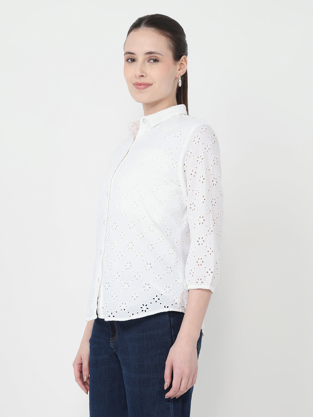 Women Bleach White Schiffli Shirt