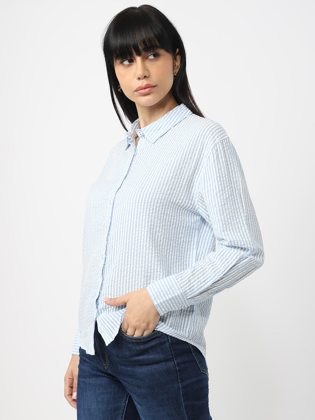 Women Sky/White Slim Fit Oversized Shirt