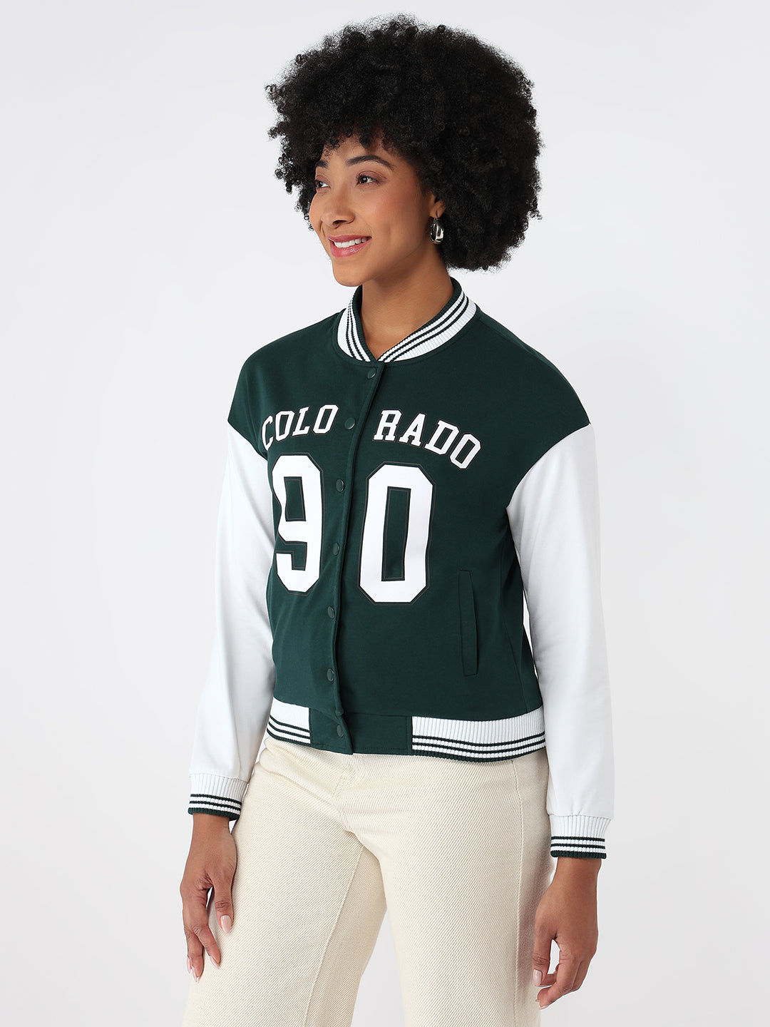 Women Bottle Green/White Varsity Jacket