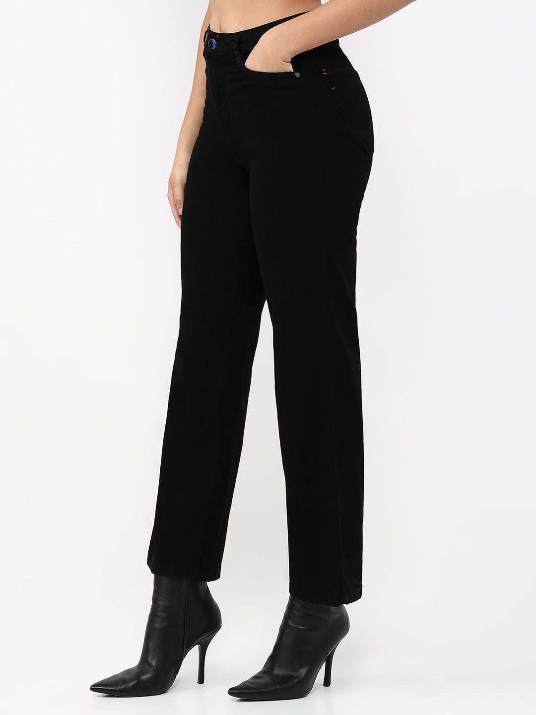 Women Black High-Rise Crop Wide Leg Jeans