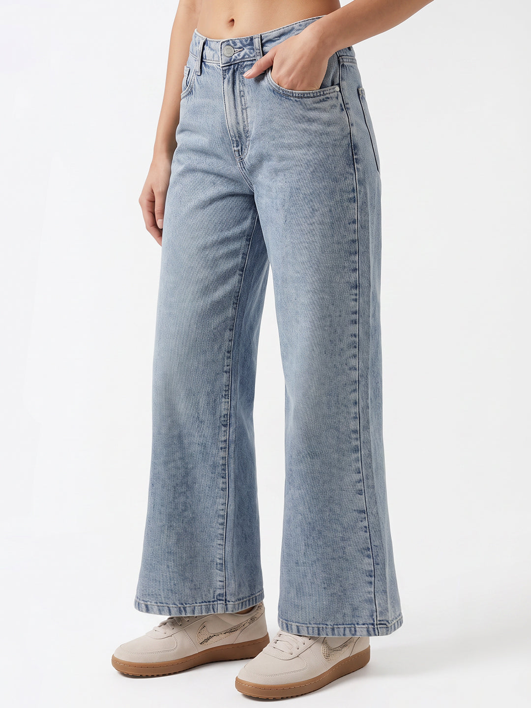Women Light Blue High-Rise Super Wide Leg Jeans