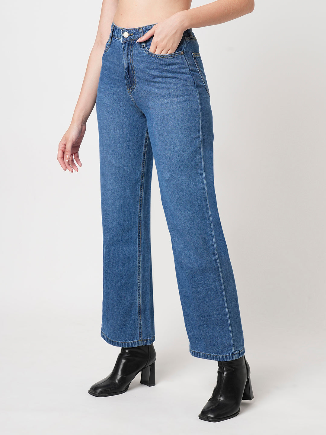 Women Dark Blue High-Rise Wide Leg Jeans