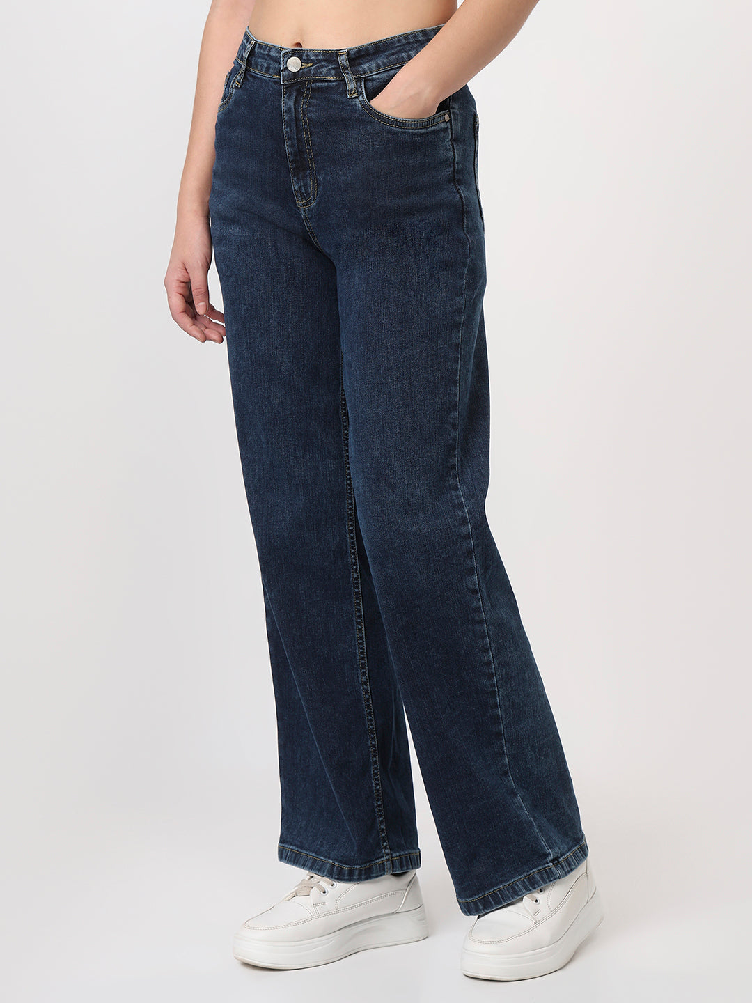 Women Dark Blue High-Rise Wide Leg Jeans