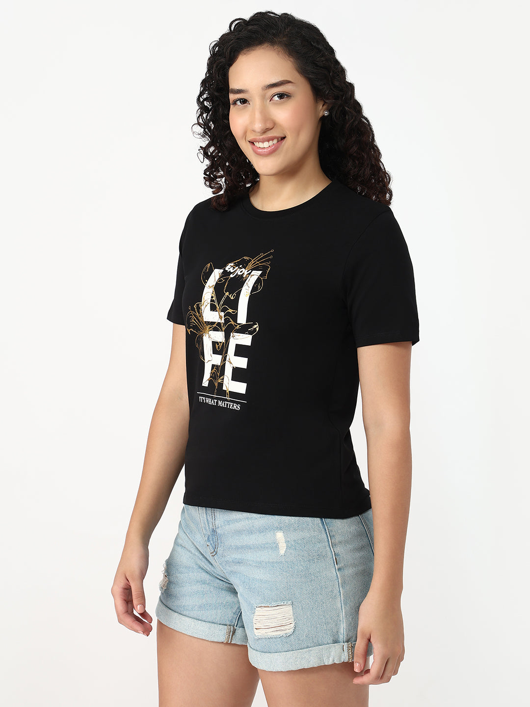 Women Black Slim Fit Graphic T-Shirt