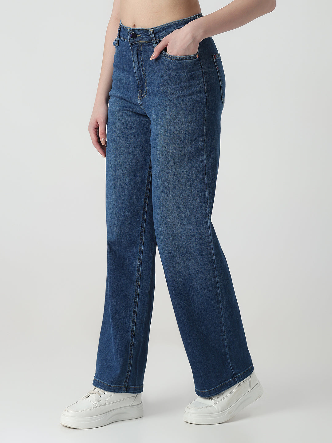 Women Dark Blue High-Rise Wide Leg Jeans