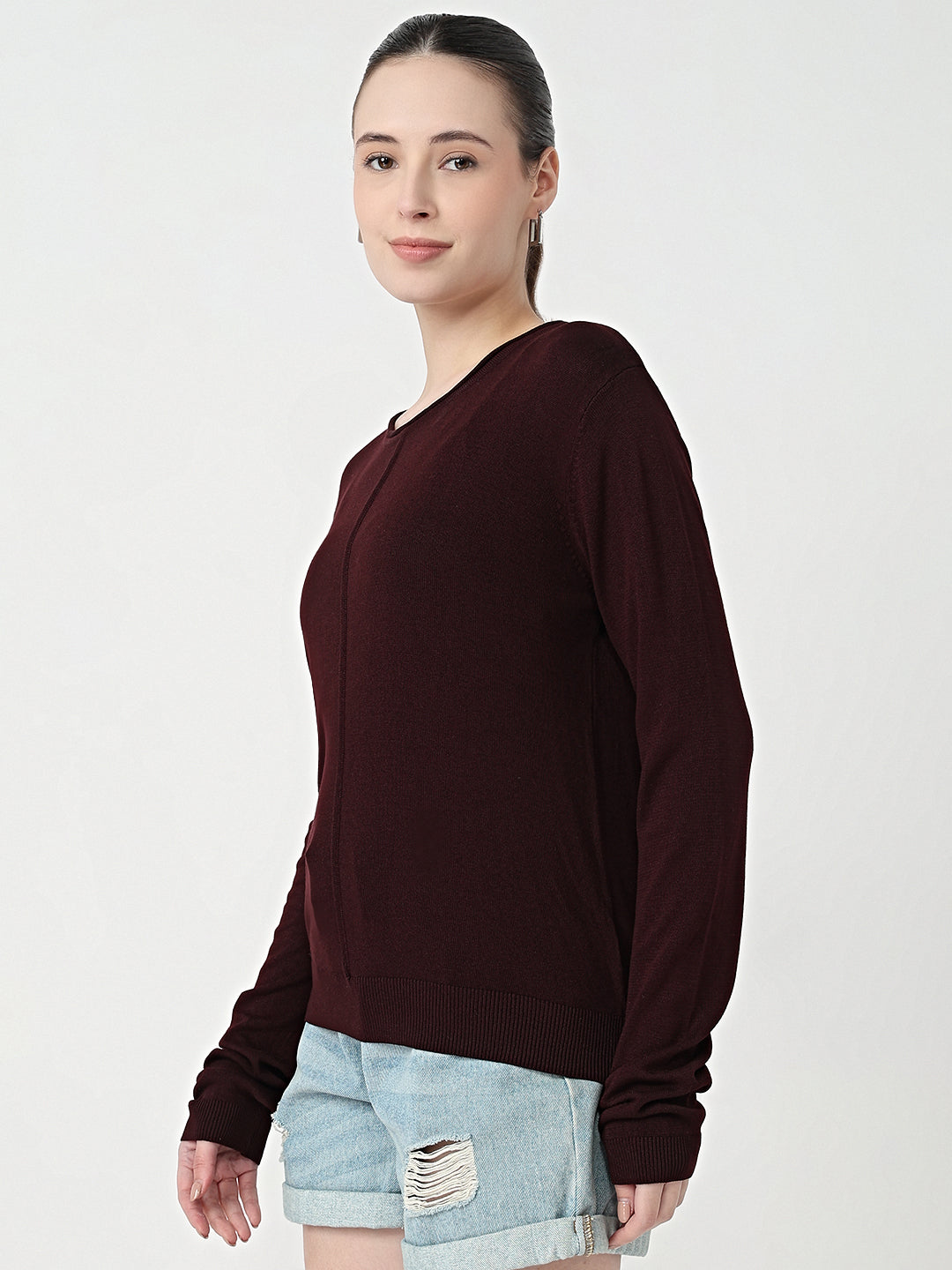 Women Wine Slim Fit Flat Knit