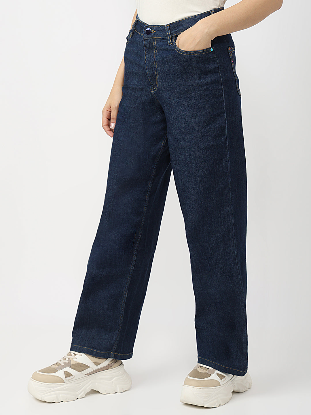Women Dark Blue High-Rise Wide Leg Jeans