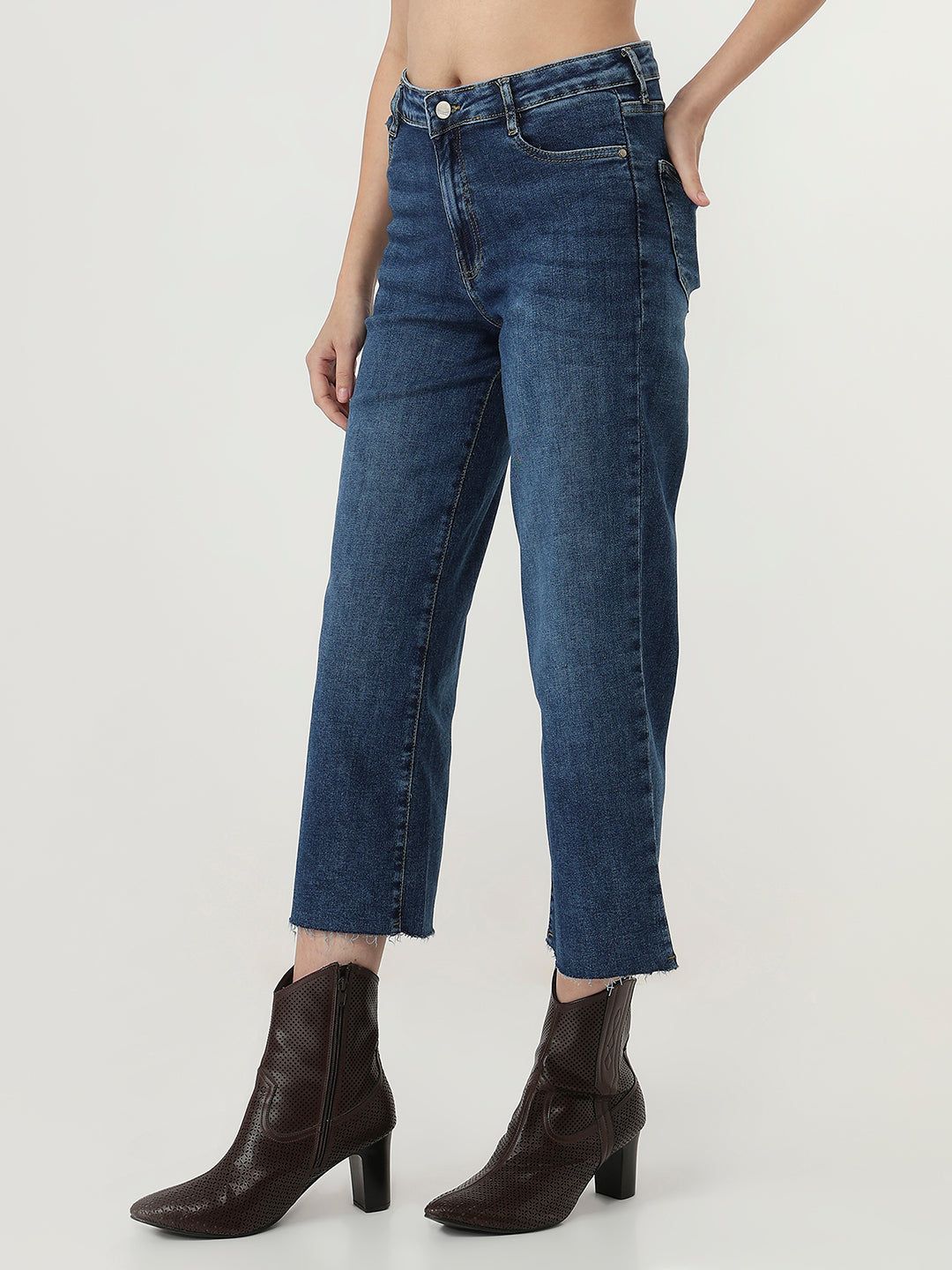 Women Blue Crop Wide Leg Jeans