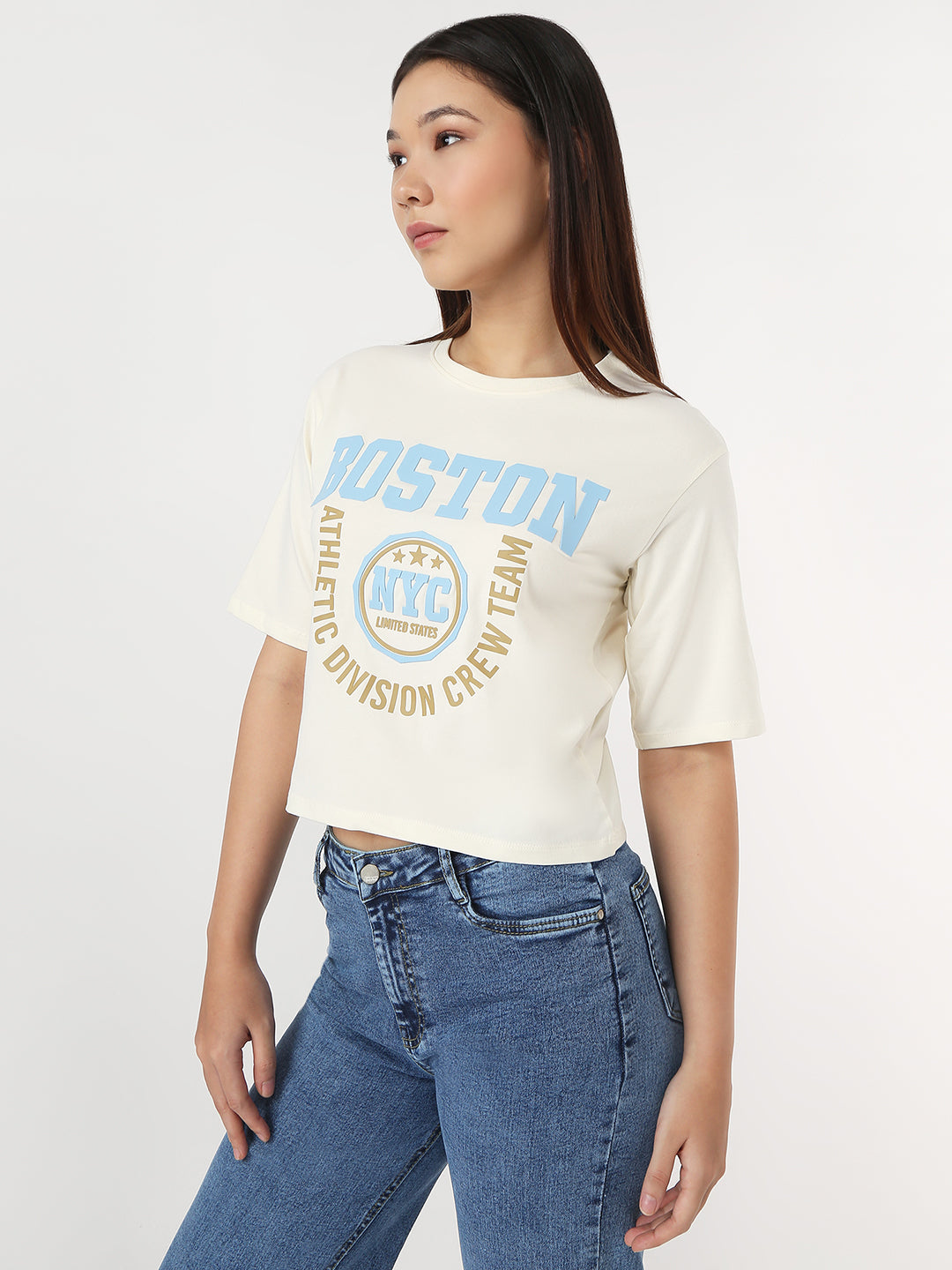 Women Ivory Slim Crop Graphic T-Shirt