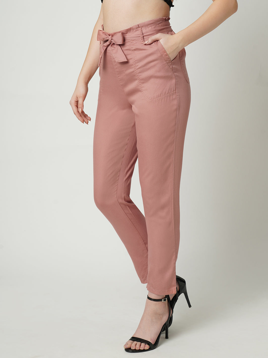 Women High-Rise Comfort Fit Paper Bag Pants