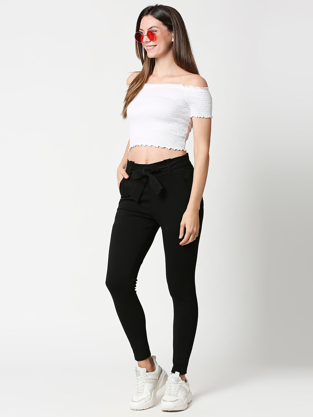 Women High-Rise Knitted Paper Bag Pants