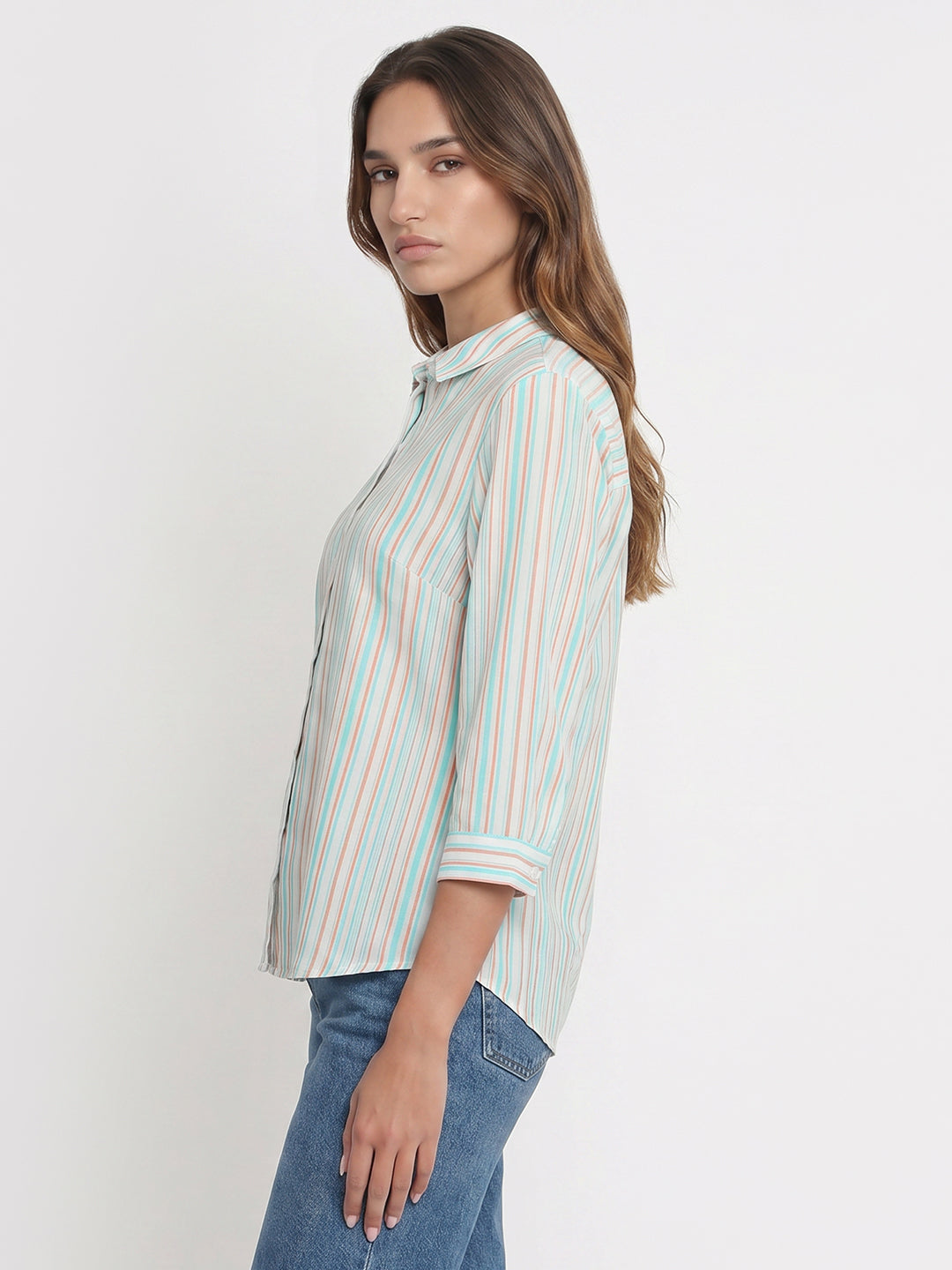 Women Rust/Aqua Stripe Shirt