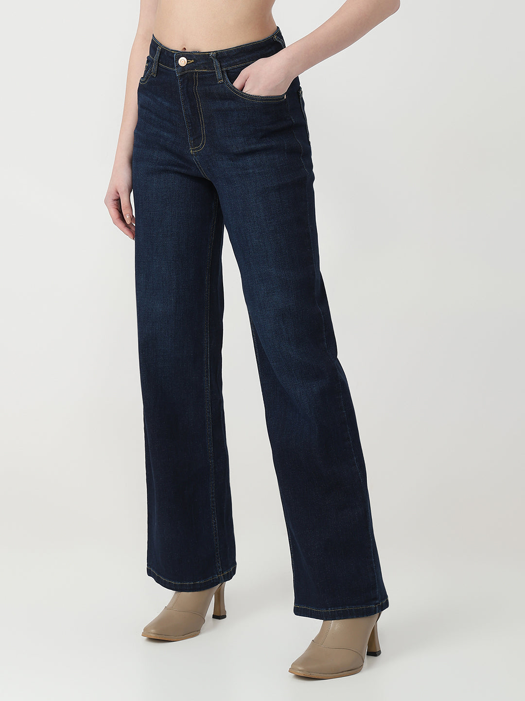 Women Dark Blue High-Rise Wide Leg Jeans