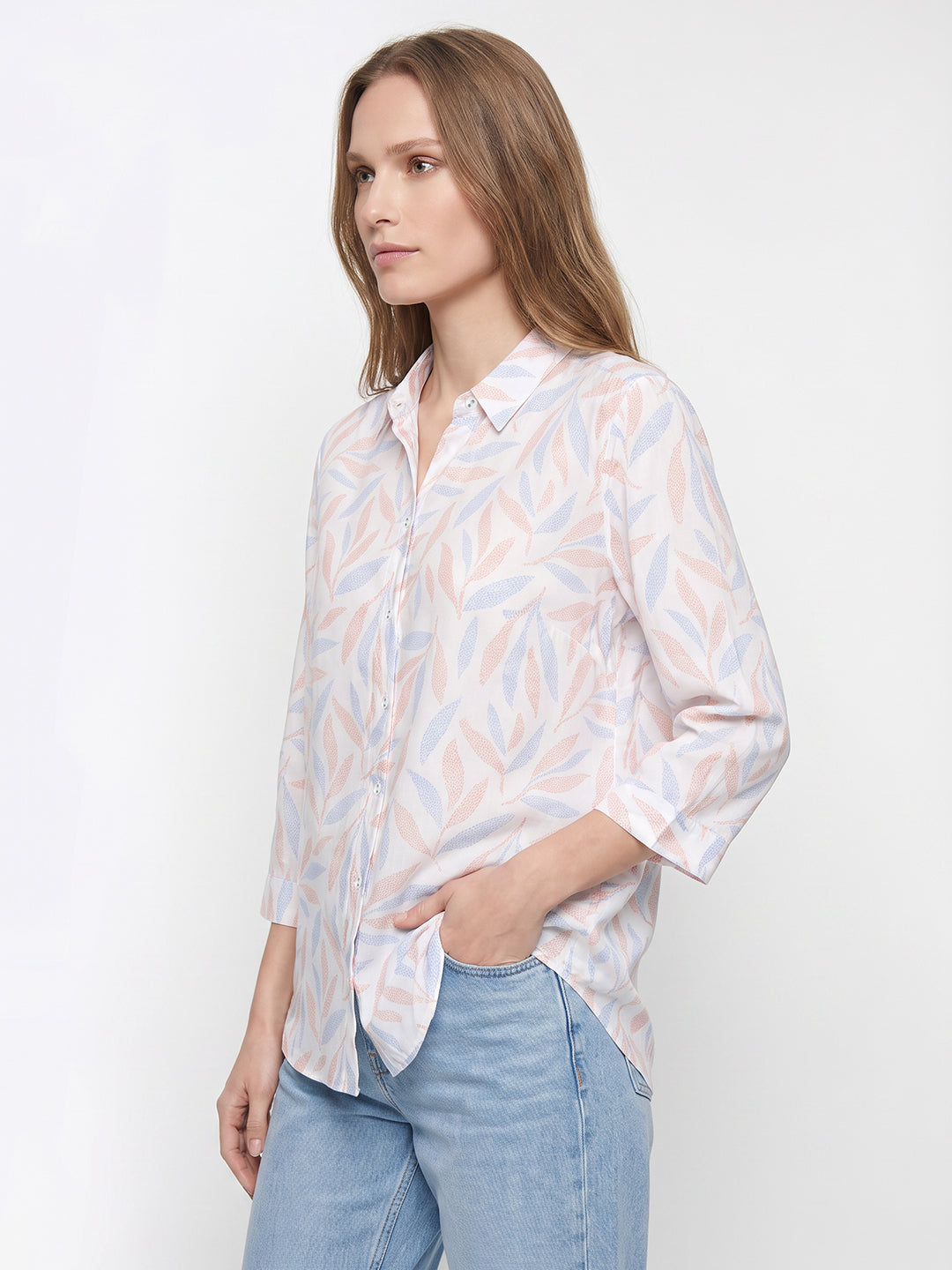 Women Rust Blue Leaf Shirt