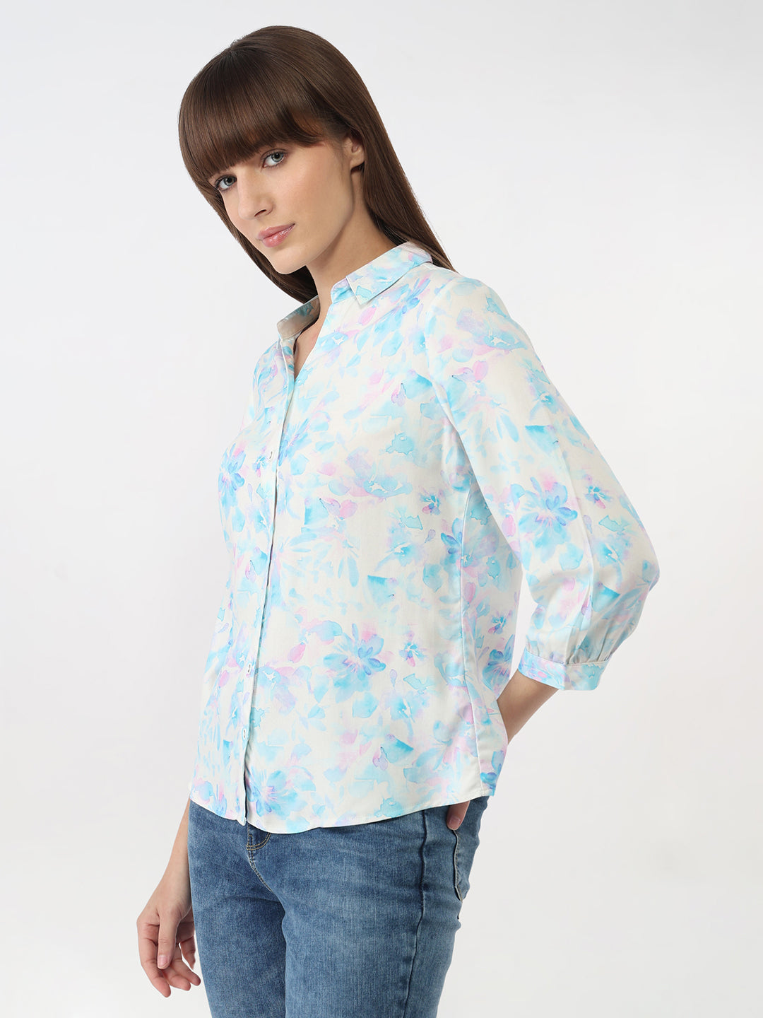 Women Blue Floral Slim Shirt