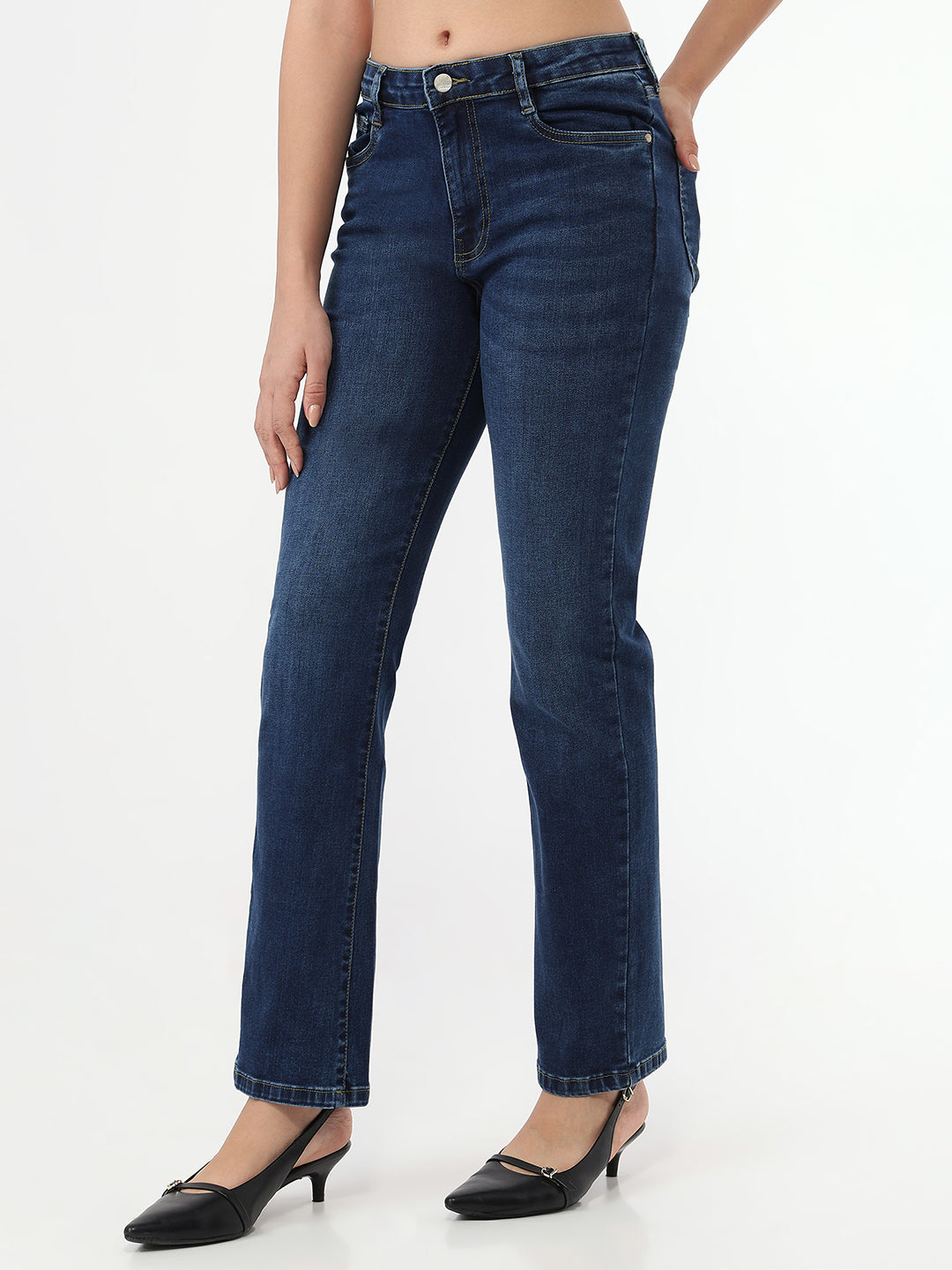 Women Dark Blue High-Rise Slim Straight Fit Jeans