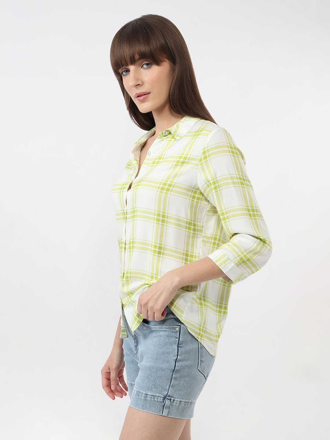 Women White/Lime Checks Slim Shirt