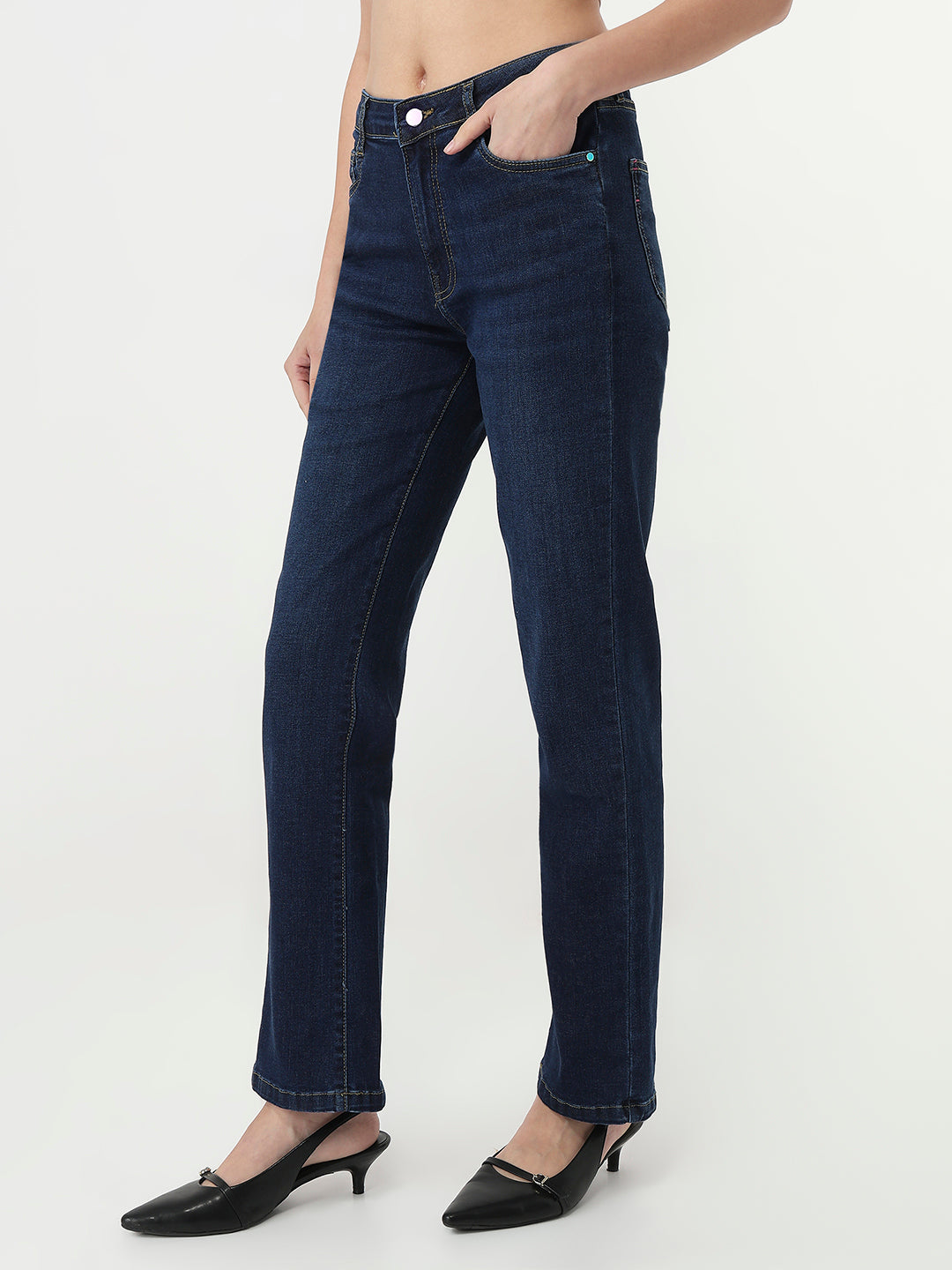 Women Dark Blue Slim Straight Jeans