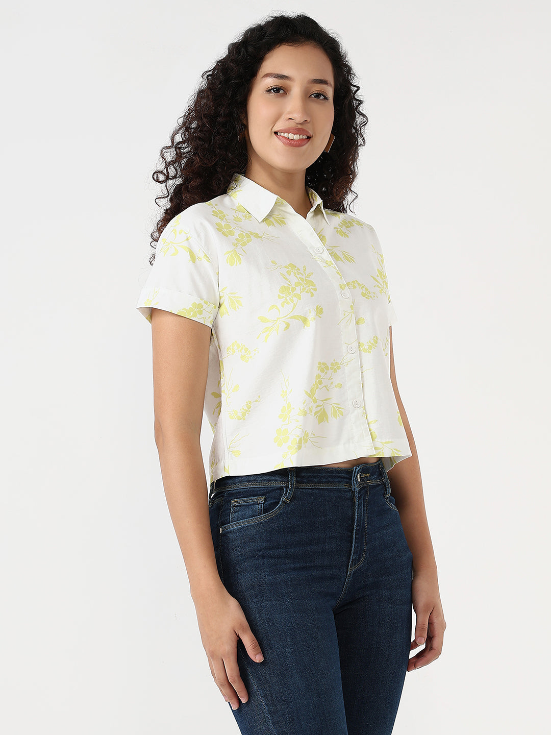Women Lime/White Slim Crop Shirt