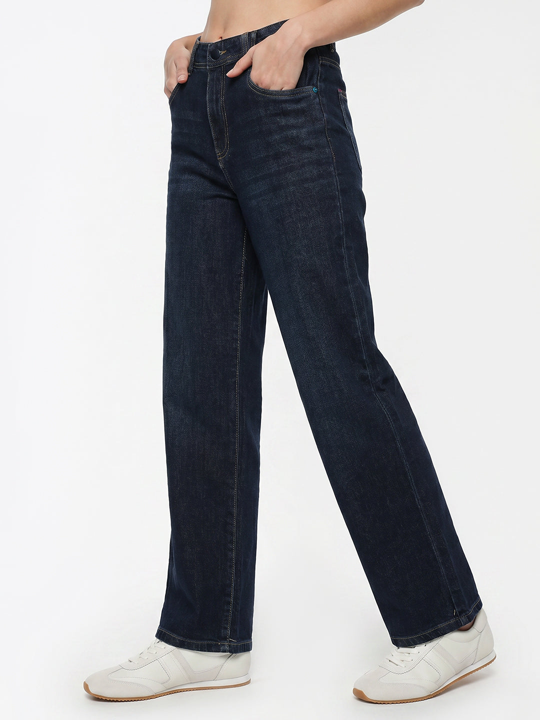 Women Dark Blue High-Rise Wide Leg Jeans